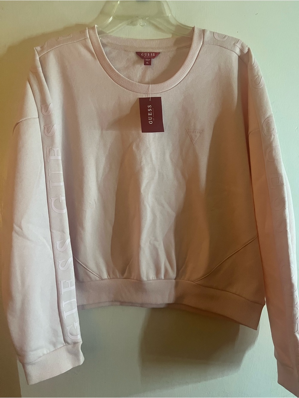 GUESS Pink Embossed Logo Crewneck Sweatshirt